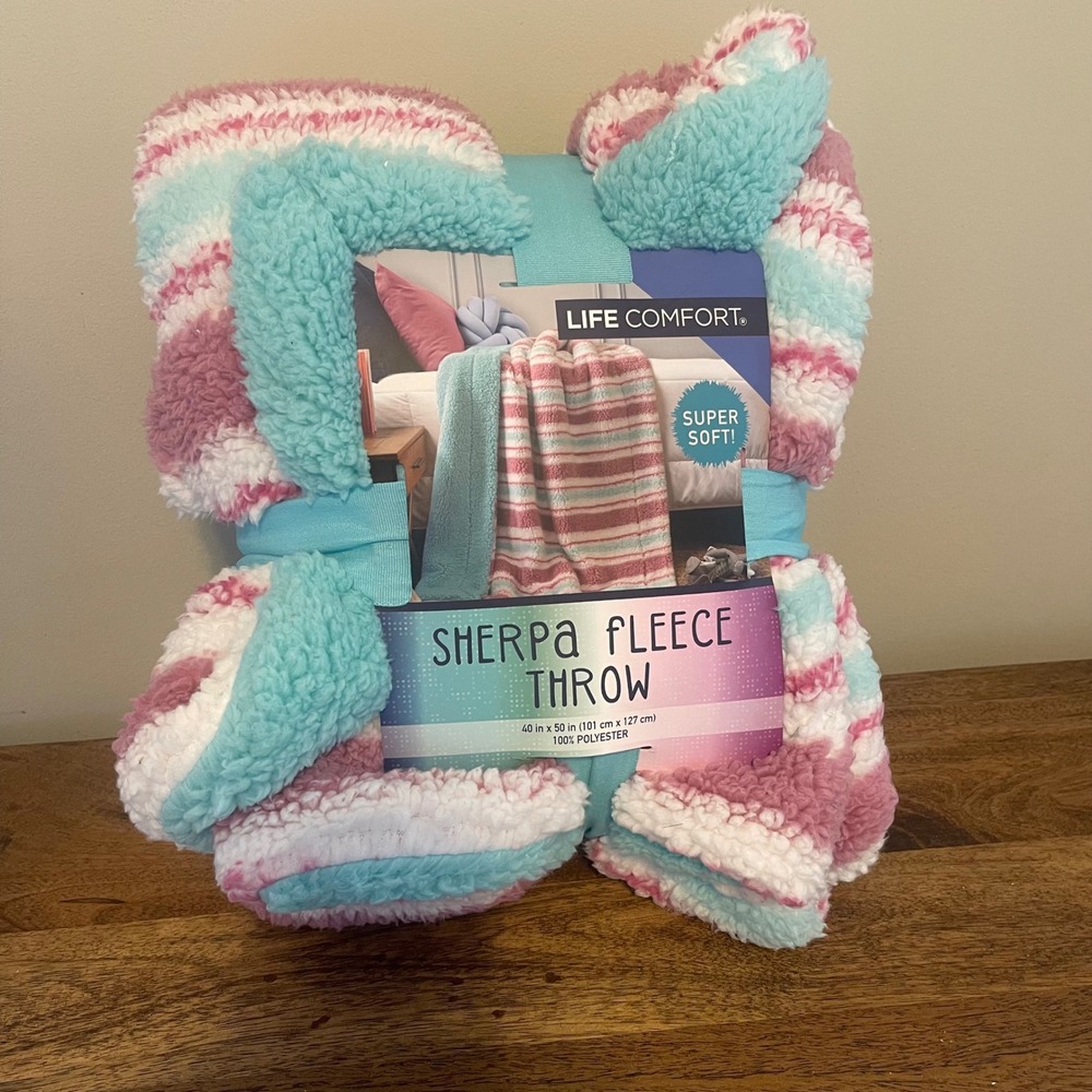 Life Comfort Unisex 40x50 Sherpa Fleece Throw Pink Teal Striped Soft Blanket